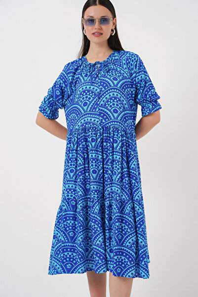 Bigdart Kadın Kısa Kol Desenli Elbise 2553 - Saks