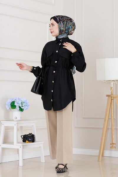 Sevitli Pocket Covered Waist Lace-Up Tunic-Black