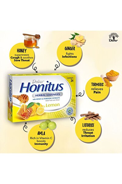 Dabur Honitus Herbal Lozenges With Lemon Flavor Soothes Sore Throat & Relieves Cough With Herbal Goodness