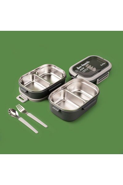 ASPARTAM Rectangular Food Transport Container with Fork and Spoon - Gray - 850 ml