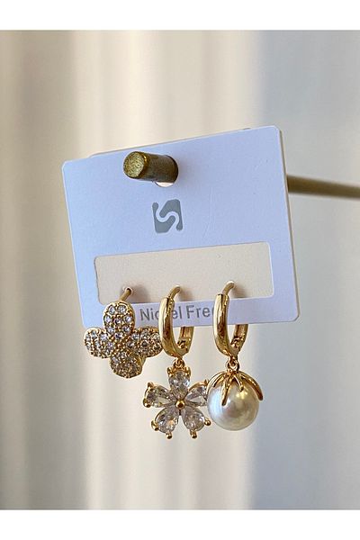 Çelik Vip Zircon Stone Pearl Flower Steel Earrings