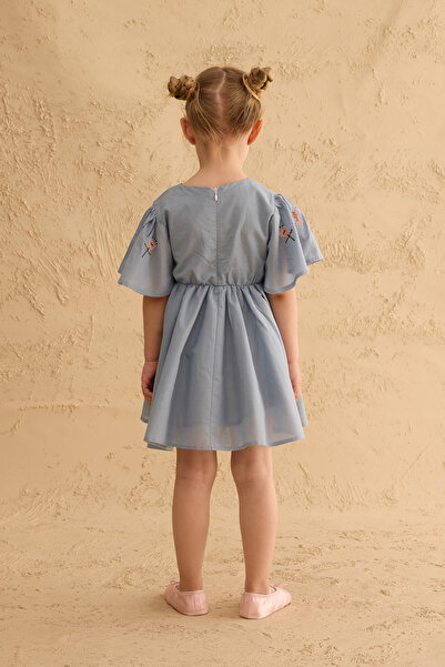Fahhar Kids Volanlı Nakışlı Pamuk Elbise Açık mavi