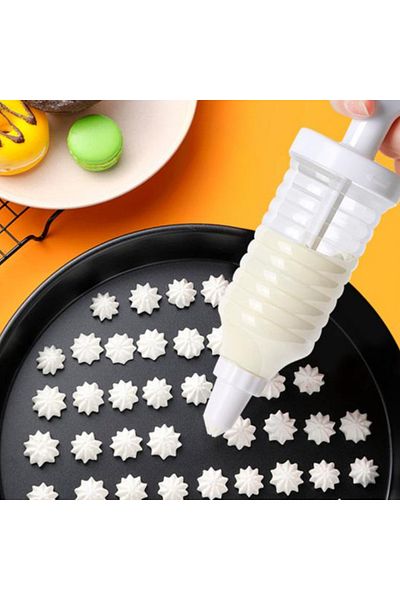 zola Cake decorating syringe, 8 tips, different patterns, ergonomic shape, plastic, white, 15,5x6 cm