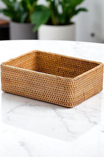 oceanpoint Rattan Organizer, Hand Knitted, Natural Storage Box, Bohemian Style, Shelf Organizer, 30X20 cm
