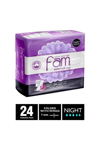 FAM فوط صحية ليلية نسائية بملمس قطني طبيعي مع أجنحة، 24 قطعة