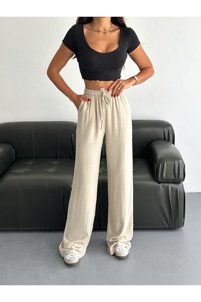 Dumy Dummy - Soft Textured Loose Cut High Waist Linen Trousers
