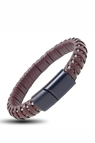 OSMANLI GÜMÜŞ Brown Knitted Leather Men's Bracelet