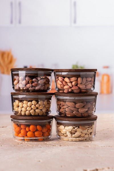 KRM HOME 6 Pieces 12 cm Wooden Lid Vacuum Glass Storage Container Glass Breakfast Set of 6 Round Storage Set