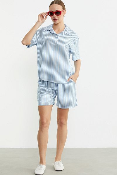 Sementa Double Combed Cotton Suit with Striped Shorts - Blue