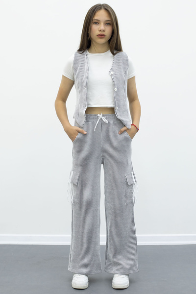 Cansın Mini Дівчачий комплект з темно-синьою смугастою курткою на ґудзиках та штанами з кишенями 21016