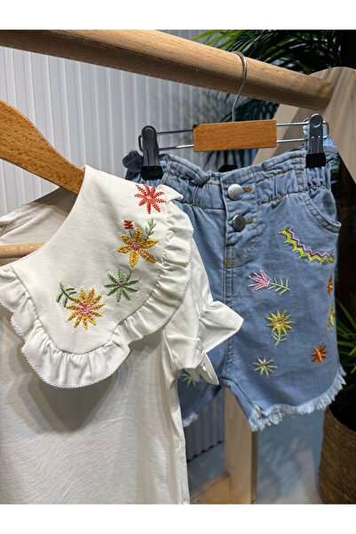 Canbi Kids Girl's Flower Embroidered Baby Collar T-Shirt Denim Shorts 2-Piece Set
