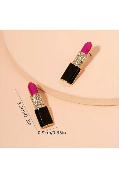 WasWink 18 Ayar Altın Kaplama, Kırmızı Renk Mozaik Parıldayan Ince Model Ruj Tasarımı, Taşlı Küpe