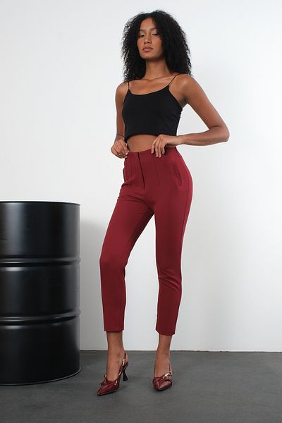 Bolivente Burgundy High Waist Narrow Leg Woven Trousers