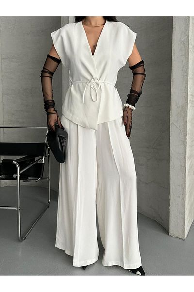 MYGİYİMİSTANBUL Slim Belt Detail V-Neck Sleeveless Top Wide Leg Pants Two-Piece Set