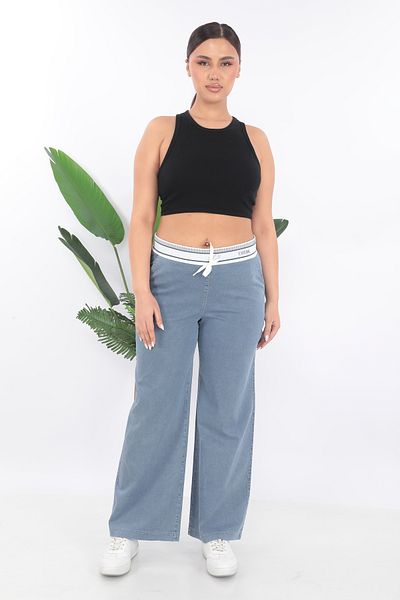 EXİTLİNE Women's Khaki Green Summer Straight Trousers with Rubber Belt
