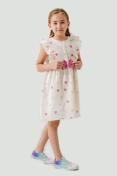Cansın Mini Fuchsia Heart Printed Bow Detailed Muslin Girl's Dress 21082