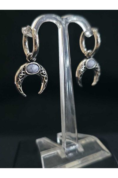 sarıyer silver Viking Model Motif Natural Stone Embroidered Stylish Style Steel Hoop Earrings with Dangle
