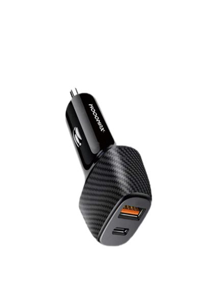 MOOGMAX 48W car charger with a Type-C PD port that supports fast charging and a QC3.0 USB port – stylish design