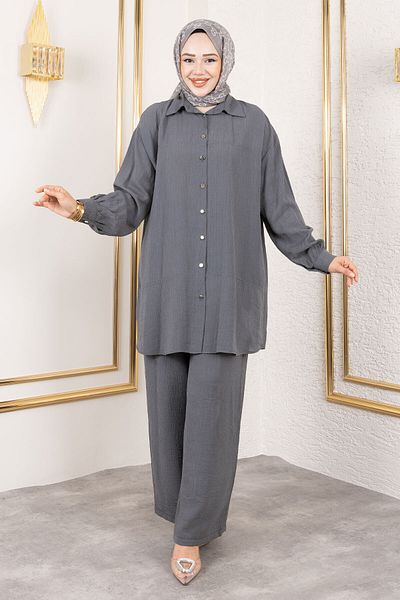 Tesettür Dünyası Double Suit with Stitching Detail Tsd250180 Smoked
