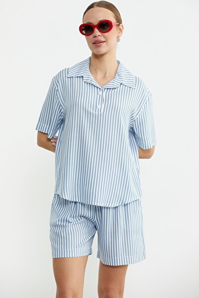 Sementa Double Combed Cotton Suit with Striped Shorts - Blue