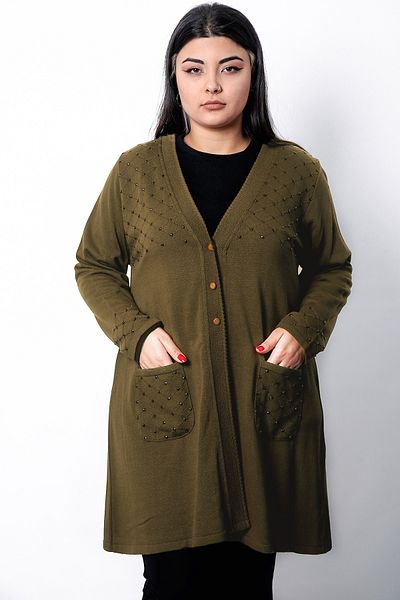 Laden Women's Plus Size Very Thin Very Special Long Beaded Spring Summer Knitwear Mother Cardigan