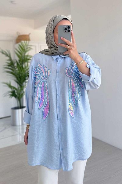 Ka Hijab Cămașă cu paiete Doha - Albastru