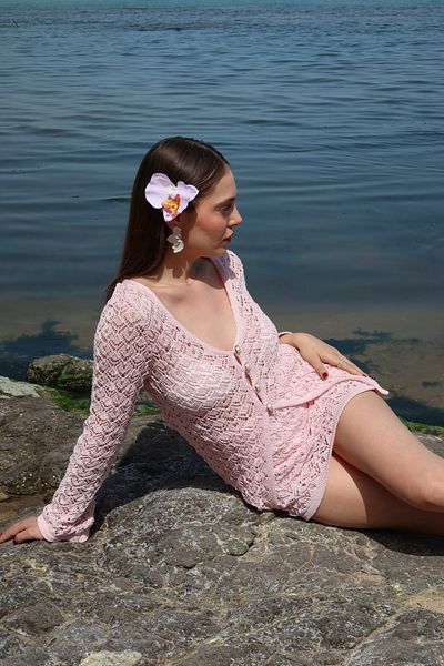 Laluvia Pink Pearl Buttoned Cardigan Skirt Suit - 7221