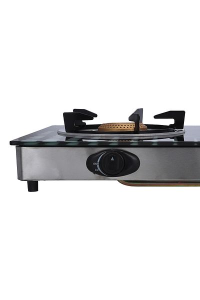 KRYPTON Double Burner Gas Stove | Auto Ignition | Low Gas Use | Glass Top | Stainless Steel Tray | Black