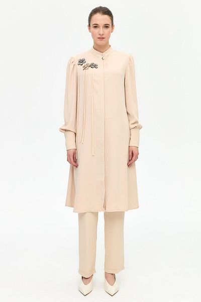 Esswaap Brooch and Piping Detailed Trousers Suit Beige