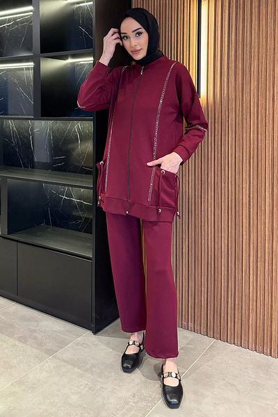 julude Burgundy Large Size Zippered Pocket Hijab Tunic Trousers Double Set