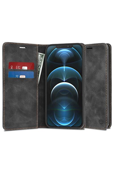 SKYDDAR INNOVATION Husă pentru iPhone 12 Pro Max, portofel moale, piele ecologică premium, tip card, neagră, set de stickere