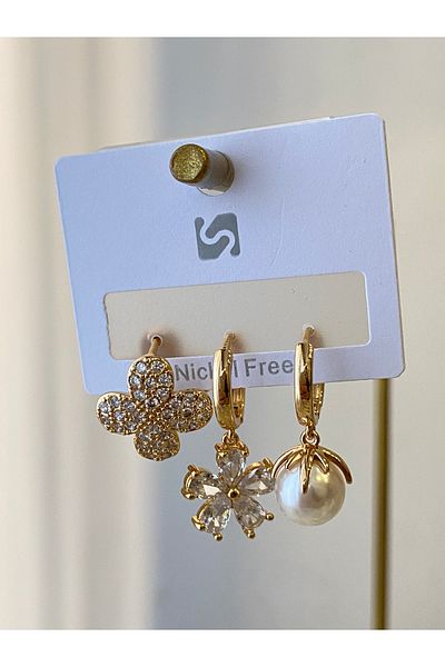Çelik Vip Zircon Stone Pearl Flower Steel Earrings