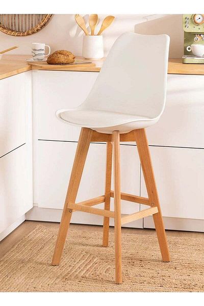Taimi High-Rise Bar Chair - Wooden Restaurant Chair with Padded Seat and Comfortable Backrest ,White
