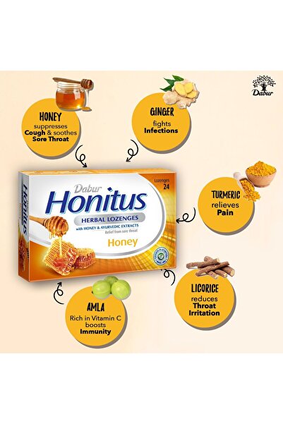 Dabur Honitus Herbal Lozenges With Honey Flavor 24 Pcs Soothes Sore Throat & Relieves Cough Naturally