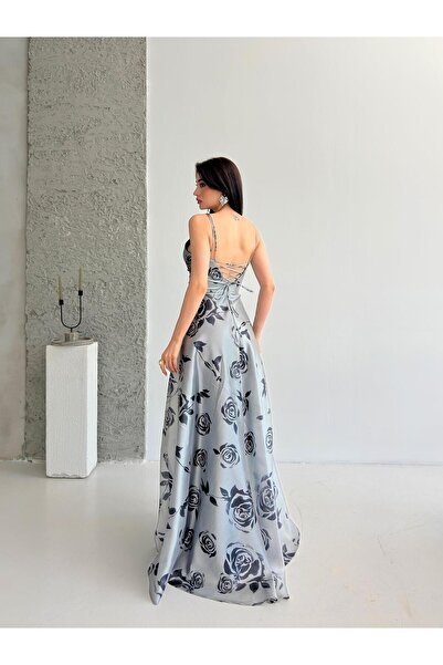 Serica Moda Βραδινό φόρεμα Organza με γκρι μοτίβο με λουράκι