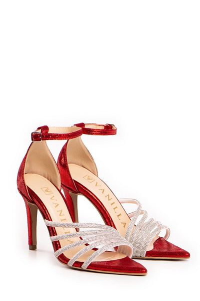 Vanilla Days Aurora sandals with thin heel, metallic red natural leather plus crystals