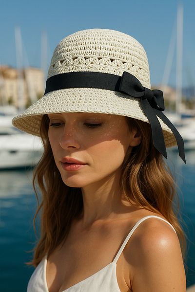 LAGRANZE Women's Hand Knitted Ribbon Detail Straw Hat Summer Short Brim Beach Hat