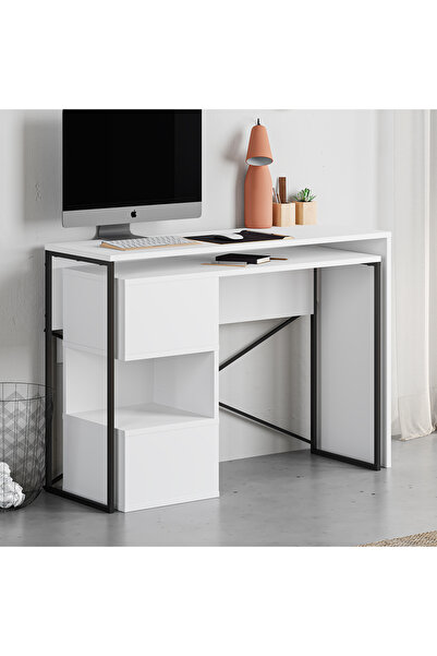 Mourah Home Badau L-Shaped Rotating Desk with Storage, Bookshelf & Shelves – Modern Industrial Work Table