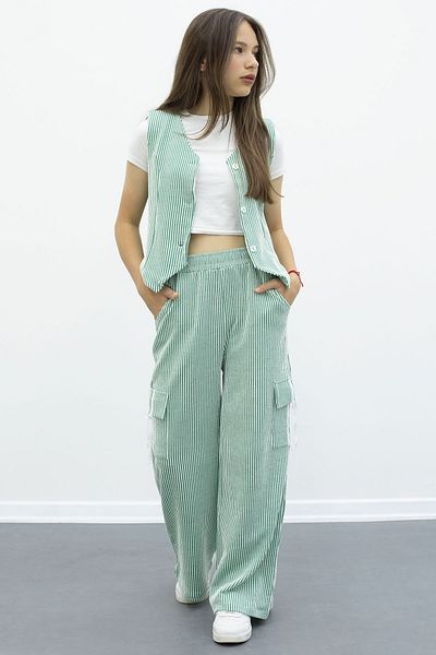 Cansın Mini Green Striped Buttoned Vest Cargo Pocket Trousers Girl's 2 Piece Set 21015