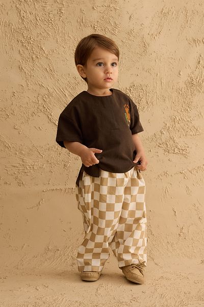 Fahhar Kids Бродирана ленена риза Oversize, цвят Горчиво кафе