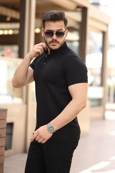 modaserdem Men's Line Textured Snap Button Collar Short Sleeve T-Shirt