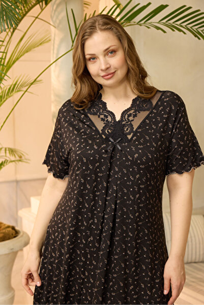 Miss Meryem Çiçek Desenli Siyah Ring Viskon Kısa Kol Elbise