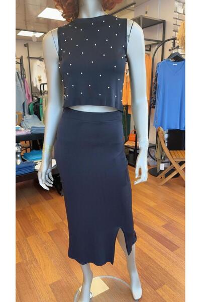 DOLCE QUEEN Women's Stylish Pearl Detailed Blouse-Skirt Summer Knitwear Set