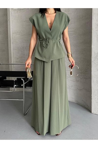 MYGİYİMİSTANBUL Slim Belt Detail V-Neck Sleeveless Top Wide Leg Pants Two-Piece Set