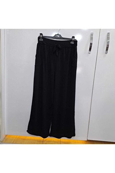 NUR TEKSTİL kadın siyah beli lastikli cepli viskon pamuklu penye pijama panto...