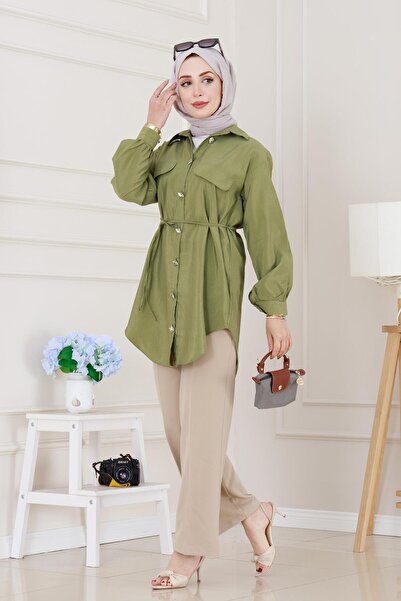 Sevitli تونيك برباط على الخصر مع غطاء للجيب - أخضر