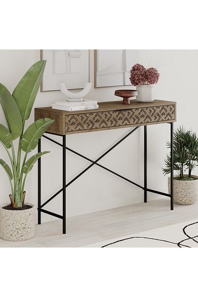 Mourah Home Heaton Console Remastered - Decorative Drawer, Slim Black Metal Frame, Modern Entryway Storage