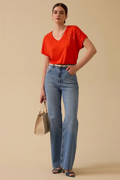 SEÇİL Seçil Women's V-Neck Embroidered Combed Cotton Blouse 0008 Coral
