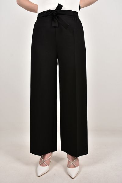 moda caddesi Women's Elastic Waist Belted Wide Leg Trousers.