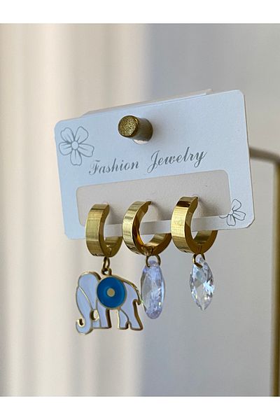 Çelik 3-Piece Evil Eye Bead Elephant Motif Steel Earrings